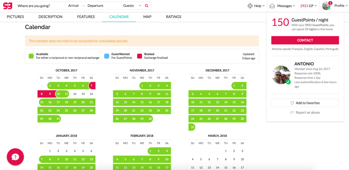 Guest to Guest home exchange calendar
