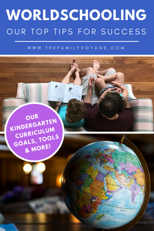 Are you considering homeschooling while traveling, also known as worldschooling? We homeschooled during our family gap year we’ve been surprised at our successes and failures! See what worked for us (and what didn’t) to develop your own kindergarten homeschooling curriculum for traveling families. SAVE for your own planning, and CLICK to read our tips and favorite resources! #homeschooling #worldschooling #roadschooling #curriculum #kindergarten #familytravel #travel #travelwithkids #workbooks