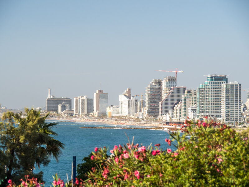 Tel Aviv skyline view from Jaffa with garden in foreground and Mediterranean Sea and buildings in the background
