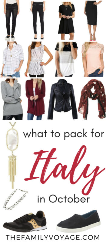 Are you visiting Italy this fall? Click to find your complete packing list for Italy in October... from clothes to shoes to purses and more! We'll help you figure out what to wear in Rome, what to pack for Venice, and everything in between. SAVE this pin for later, and then click over for all the details now. #Italy #packinglist #travel #autumn #fall #capsulewardrobe #Rome #Venice #Tuscany #packing