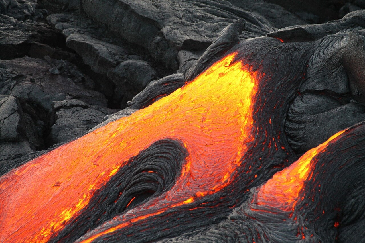 Pahoehoe lava flowing in Hawaii Volcanoes National Park