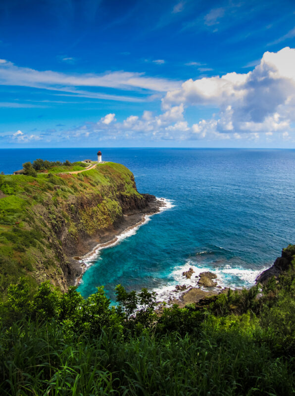 Beautiful seascape view of the Kilauea Lighthouse on the north coast of Kauai, Hawaii
