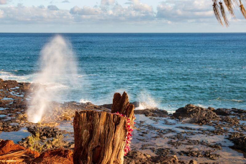 Famous Spouting Horn on the hawaiian island of Kauai, USA on a sunny afternoon