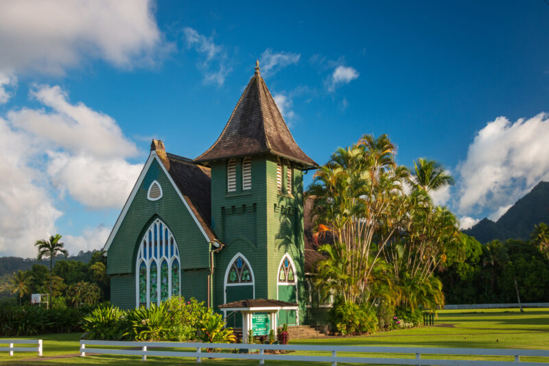 Beautiful Waioli Huiia Church in Hanalei on the Hawaiian island of Kauai, USA