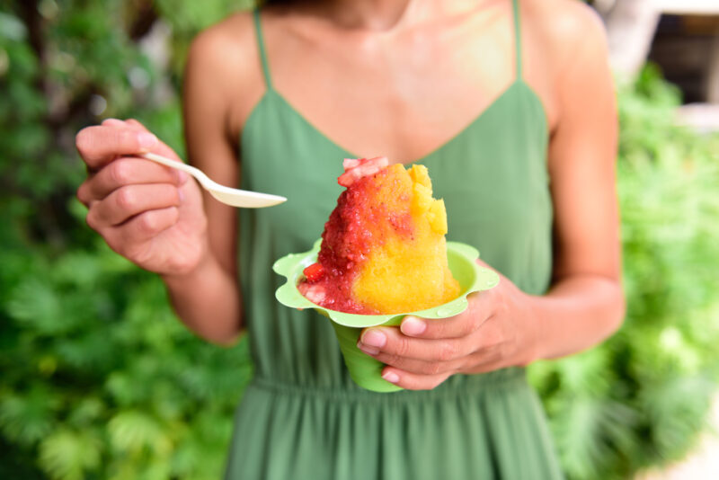 Shave ice - hawaiian shaved ice dessert. Close up of traditional local Hawaii dessert food.