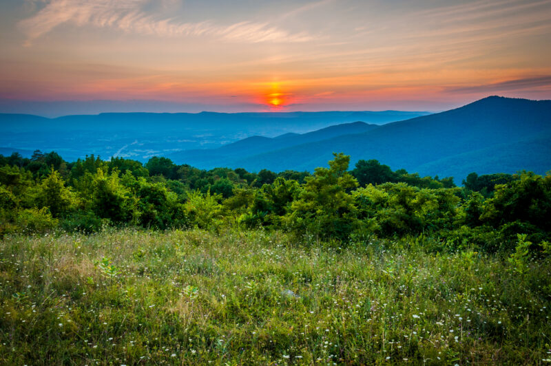 Sunset over a meadow at Pass Mountain Overlook, Skyline Drive, Shenandoah National Park, Virginia.