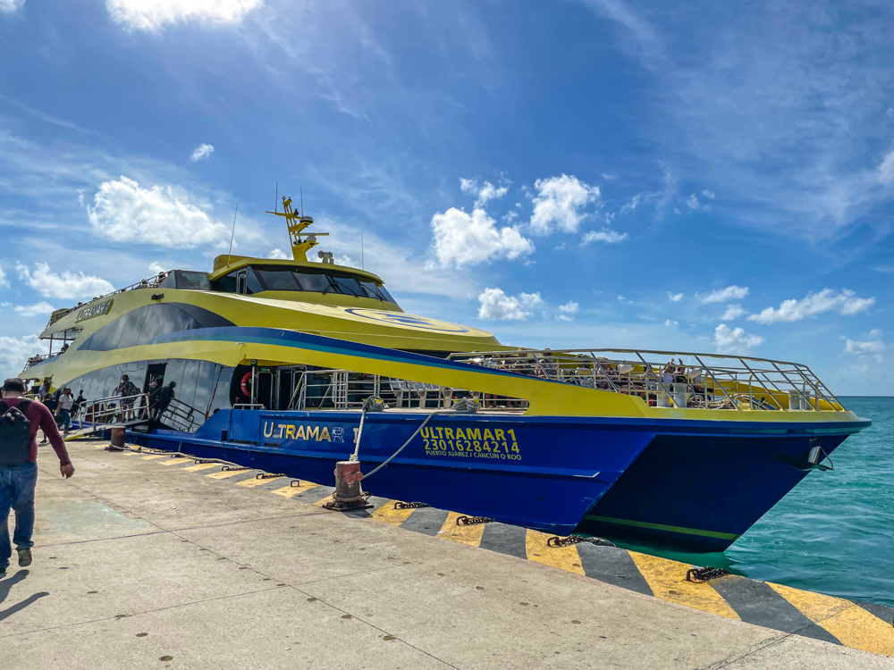 Ultramar yellow and blue luxury ferry to Cozumel from Playa del Carmen