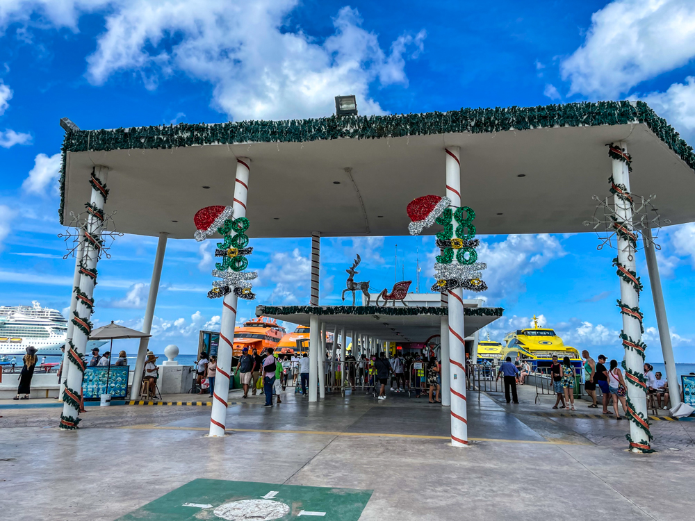 Cozumel ferry terminal against a blue sky