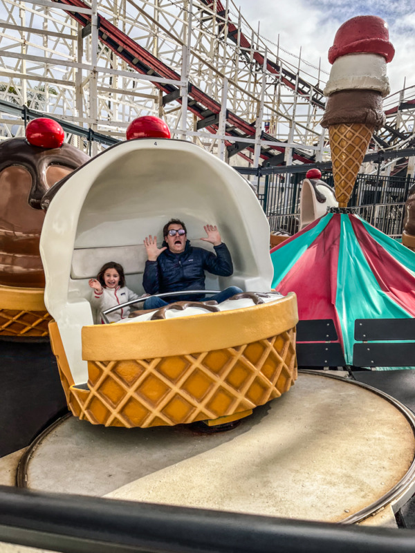 things to do in San Diego with kids - Belmont Amusement Park father and daughter on a ride