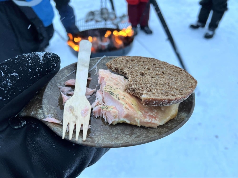 Salmon grilled over the fire with brown bread during ice fishing in Rovaniemi Finland