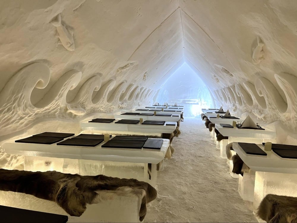 One of the dining rooms within the Ice Restaurant at SnowHotel in Rovaniemi Finland